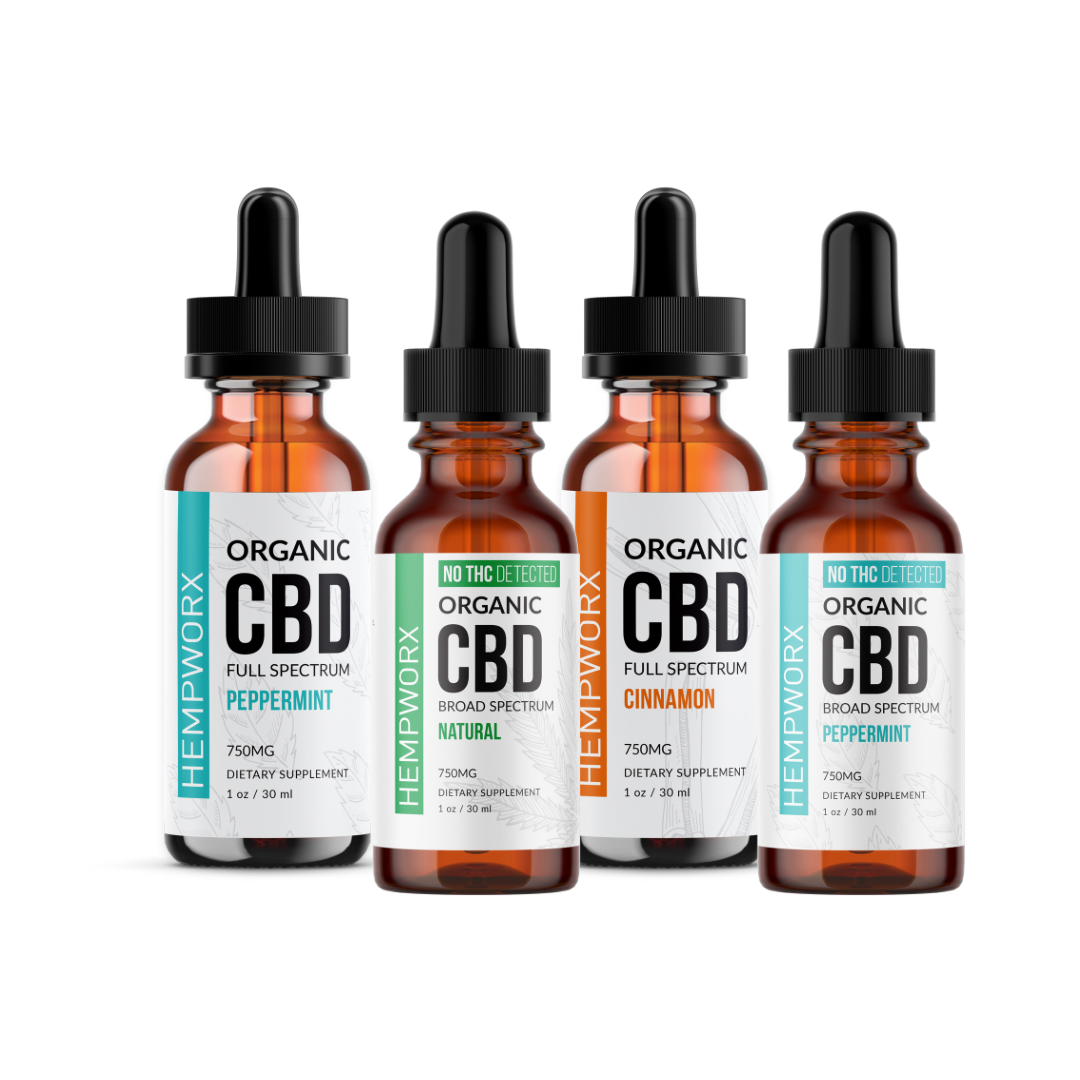 HempWorx Organic CBD Tincture 4-Pack – Mix of THC-Free & Full Spectrum (750mg)
